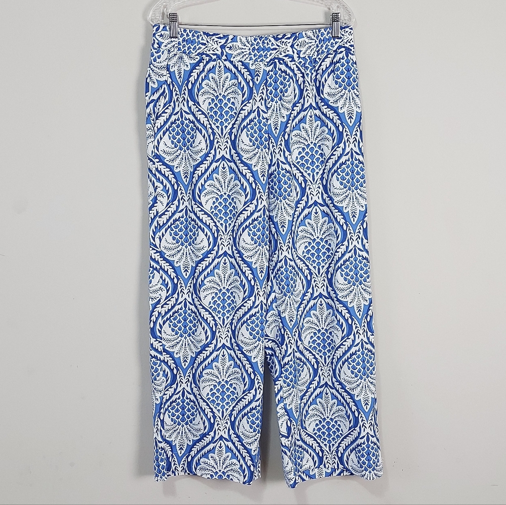 Panama Jack Linen Blend Wide Leg Pant Size XL Blue White Boho Elastic Waistband